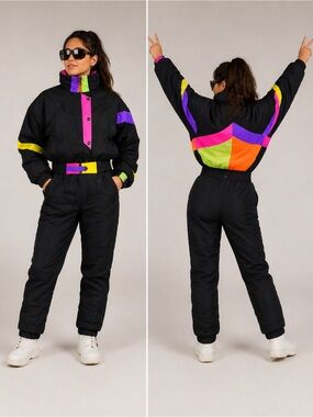 Pristine Vtg OBERMEYER Bib Pants Jacket Set Neon Colorful Size 8-10 Ski Snow